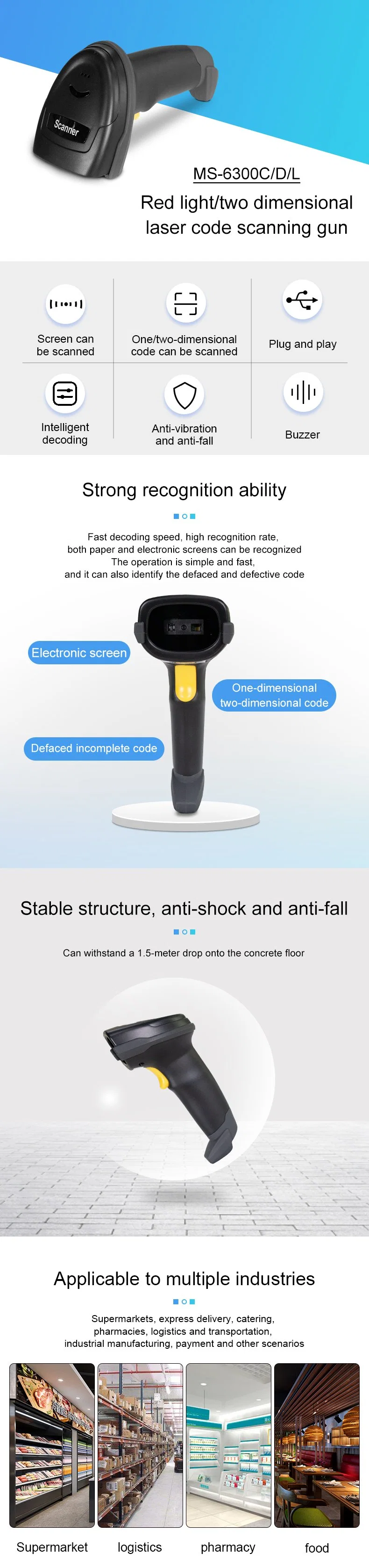 Bar Code 1d CCD Handheld Barcode Scanner for Supermarket